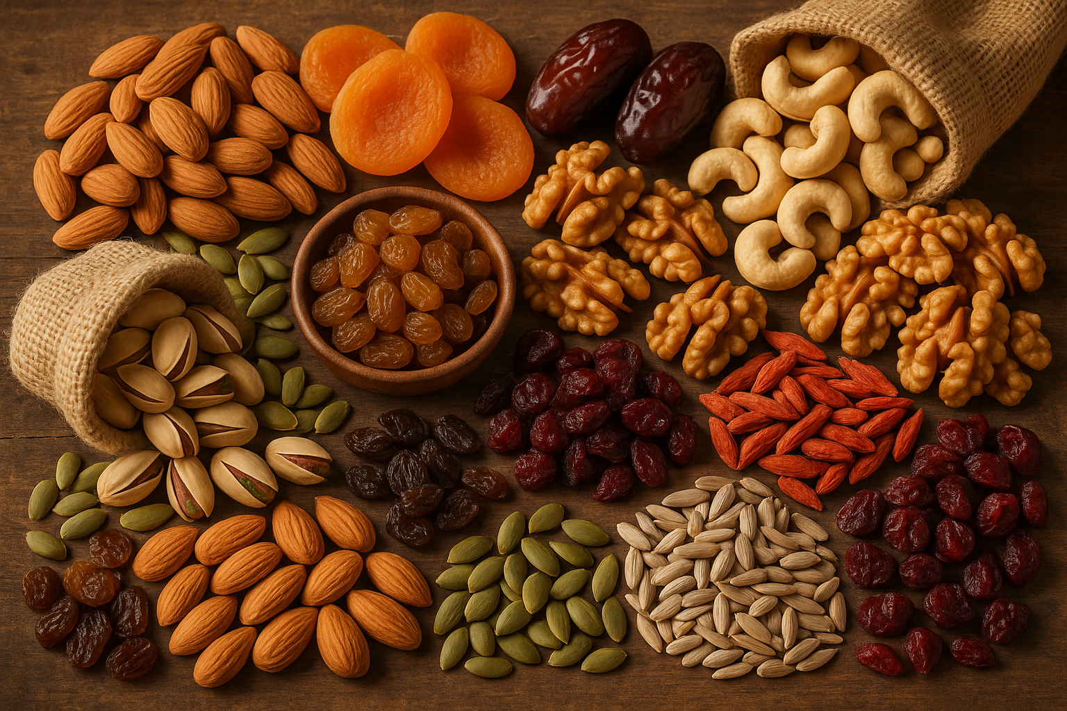 generate a image of dry fruits, nuts, seeds, berries